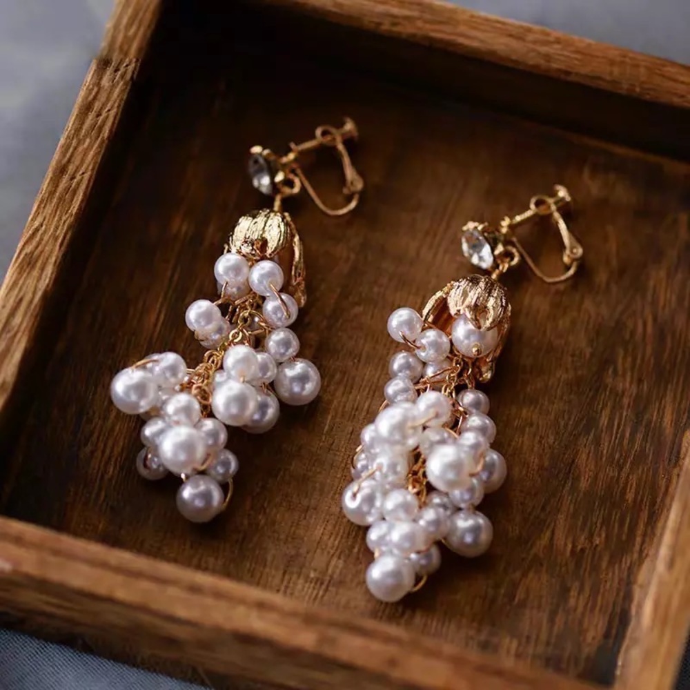 Yellow Gold Pearl Bead Crystal Long Dangle Drop Earrings Chandelier Round Dia